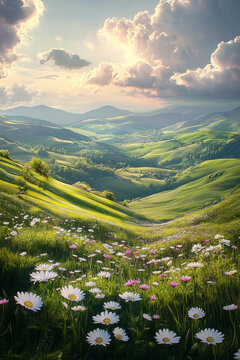 green lawn with white daisies and a beautiful view of the sky	