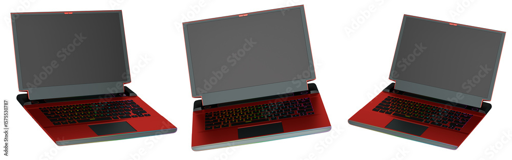 Fototapete Set of modern laptops with rgb lights isolated on white background with clipping path. 3D render of concept of computer and cloud gaming
