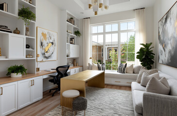 A home office with a grey desk, white walls, and light 