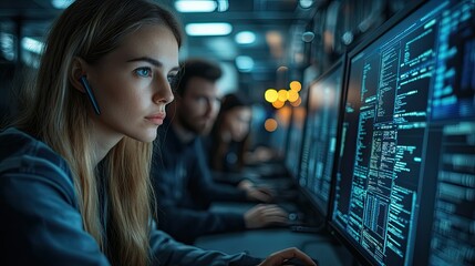 Cybersecurity workshop in office, team analyzing digital threats and system protection strategies, IT professionals