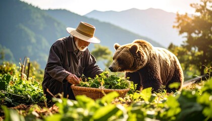 日本人のおじいちゃんと熊の共生　畑で収穫された野菜を与える