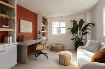 A home office with a grey desk, white walls, and light 