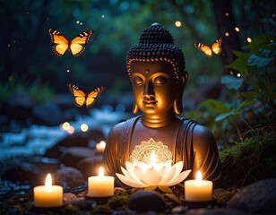Obraz premium Buddha statue, candles, and butterflies in nature