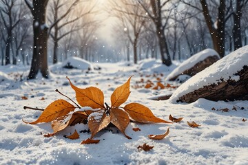 Snow-covered fallen leaves on the ground