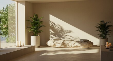 Minimalist interior design with stone bench