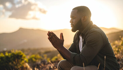 Man praying sunset mountain.