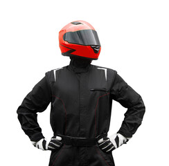 A man in a black and red racing suit is wearing a red helmet. PNG on transparent background