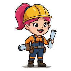 A cheerful cartoon woman construction worker in a hard hat and overalls holds blueprints, ready for a project.