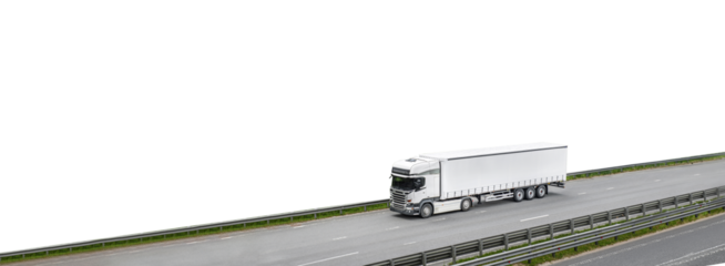 A large white semi truck is driving down a highway.PNG on transparent background
