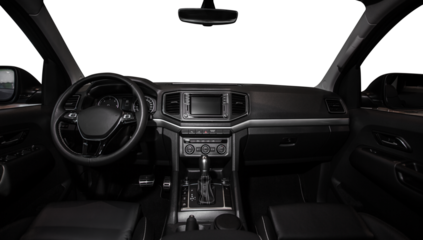 A black car with a black steering wheel and a black dashboard. PNG on transparent background