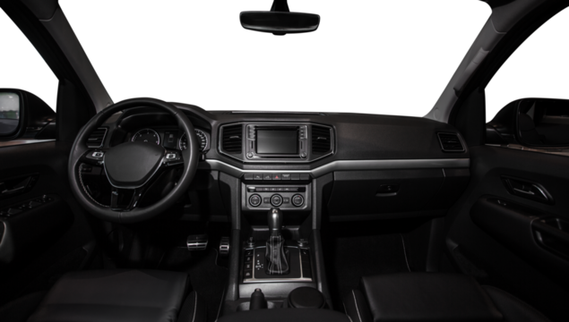 A black car with a black steering wheel and a black dashboard. PNG on transparent background