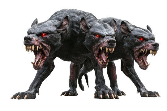 Three-headed black hellhound snarling aggressively
