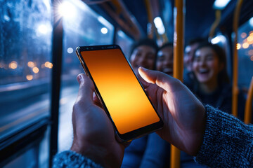 Person holding smartphone with blank orange screen on city bus at night, friends laughing in background, urban public transport, multiracial group, technology, social connection, joyful atmosphere