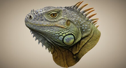 Obraz premium Majestic green iguana shows off its scales and vibrant colors on a soft beige background for a striking animal portrait.