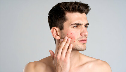 Man with acne with skincare problem.