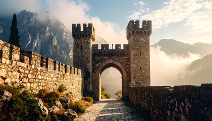Medieval Castle Gate with Mountain Views with Dramatic Sky and Ancient Fortress.