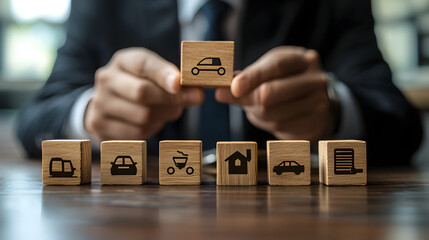 Insurance and assurance concept, Businessman protect wooden blocks with insurance icons for medical, life, car, home, travel insurance