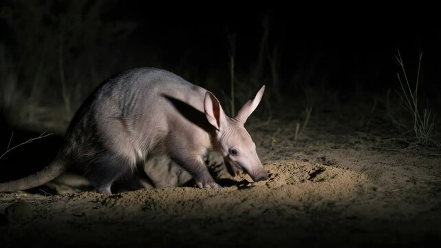 Aardvark digging at night in natural habitat