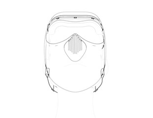 Engineering Wireframe Illustration: Full-Face Respirator Mask and Face Shield Blueprint – Outline Art for Air Filtration, Pandemic Protection, and Advanced Personal Protective Equipment.