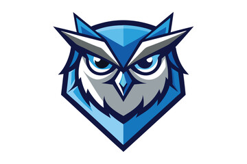 A blue stylized owl gazes intensely with striking eyes set against a white background