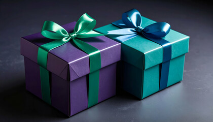 Obraz premium Purple Teal Gift Boxes with Dark Background.