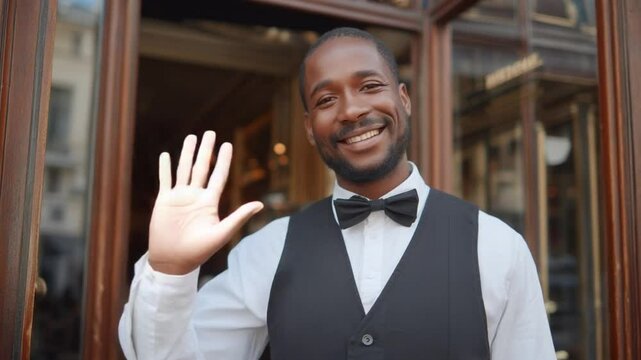 Friendly Welcome: A warm and inviting portrait of a service professional extending a friendly greeting from an open doorway, smiling and making guests feel welcome. 