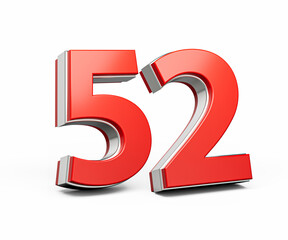 Bold Vibrant Red Number Fifty two Number 52 With Metallic On White Background 3D Illustration