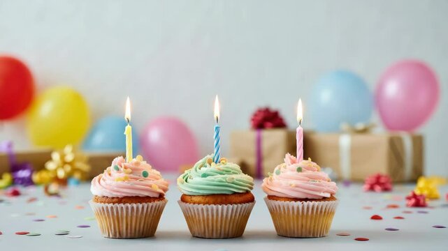 Three cupcakes with lit candles surrounded by colorful balloons and confetti, reflecting birthday celebration