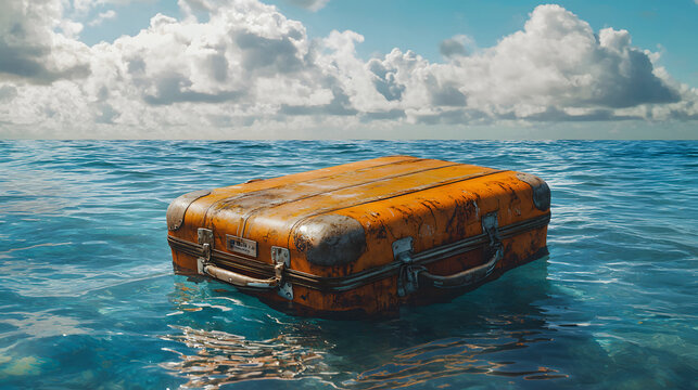 Lost baggage suitcase coverage with travel insurance protection broken suitcase floating on lifebuoy in ocean symbolizes travel insurance