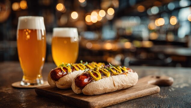 Two hot dogs and beers on a bar counter