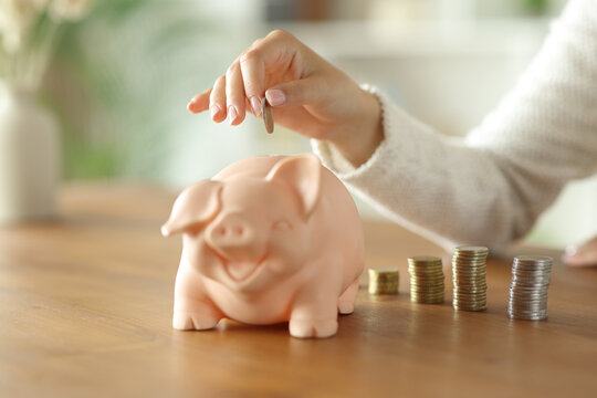 Woman hand putting coins to piggy bank