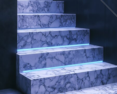 Marble staircase edge mock featuring fine embedded sensors with icy blue light