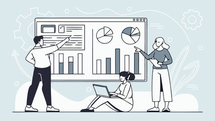 Flat Business Team Analytics and Monitoring – Vector Illustration of Web Report Dashboard for Finance and Investment Research