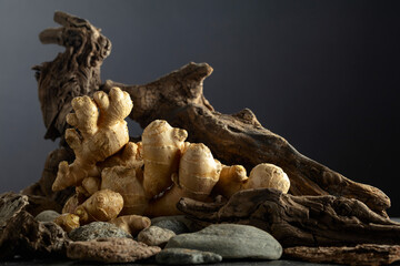 Ginger root with old snags and stones on a black background.