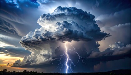 A dramatic thunderstorm captured with striking lightning illuminating dark clouds against a vibrant sunset backdrop.