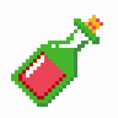 Pixel art green bottle with red liquid and yellow star cork retro digital fantasy potion, isolated on white background