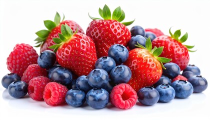 A vibrant assortment of fresh strawberries, raspberries, and blueberries, perfect for healthy eating and delicious desserts.