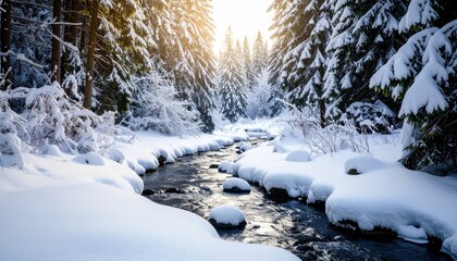 A tranquil winter landscape featuring a snowy river surrounded by tall evergreen trees, illuminated by soft sunlight.
