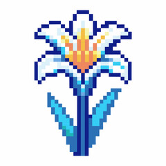 Fototapeta premium White lily flower in pixel art retro digital blooming plant, vibrant blue leaves, yellow and orange center design
