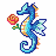 Fototapeta premium Pixel art blue seahorse holding orange rose retro aquatic animal illustration whimsical fantasy marine life, colorful digital 8 bit artwork