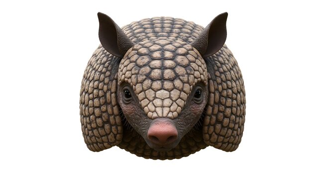 Close up showcases an endearing armadillo on a clean white background, with intricate shell textures and visible details