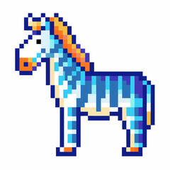 Obraz premium Pixel zebra illustration with orange mane retro 8 bit animal art, isolated, vibrant blue stripes, digital character