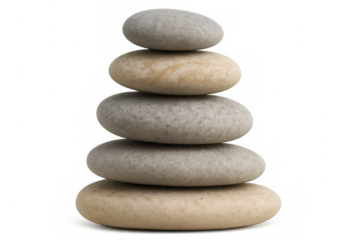 Five pebbles balancing on transparent background representing peace and mindfulness, perfect for spirituality and relaxation themes