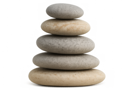 Five pebbles balancing on transparent background representing peace and mindfulness, perfect for spirituality and relaxation themes