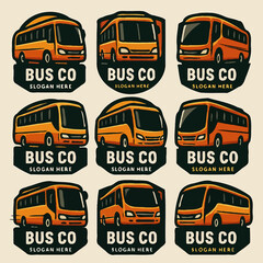 grid of bold vintage-style bus logos with modern and classic buses in badge designs for transport branding.