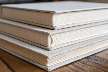 Stack of Elegant Off-White Leather-Bound Photo Albums on Wooden Table