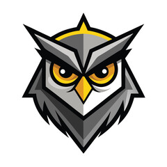 Striking art showcases a gray owl face with golden eyes peering intensely forward