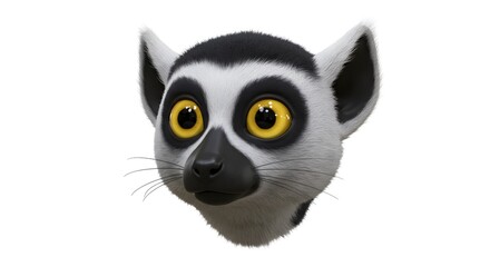 Fototapeta premium A charming ring-tailed lemur head with striking yellow eyes on a clean white background presents a whimsical character.