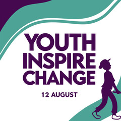 Youth inspire change on august 12th with a silhouette of a young person walking and abstract design elements