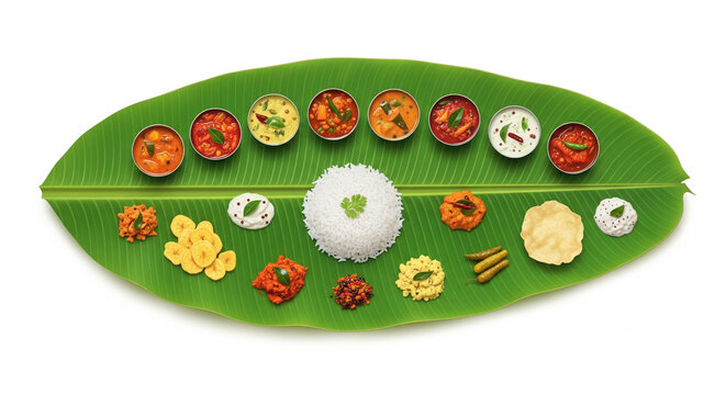 Detailed Onam Sadya Meal Illustration on Fully Intact Banana Leaf
